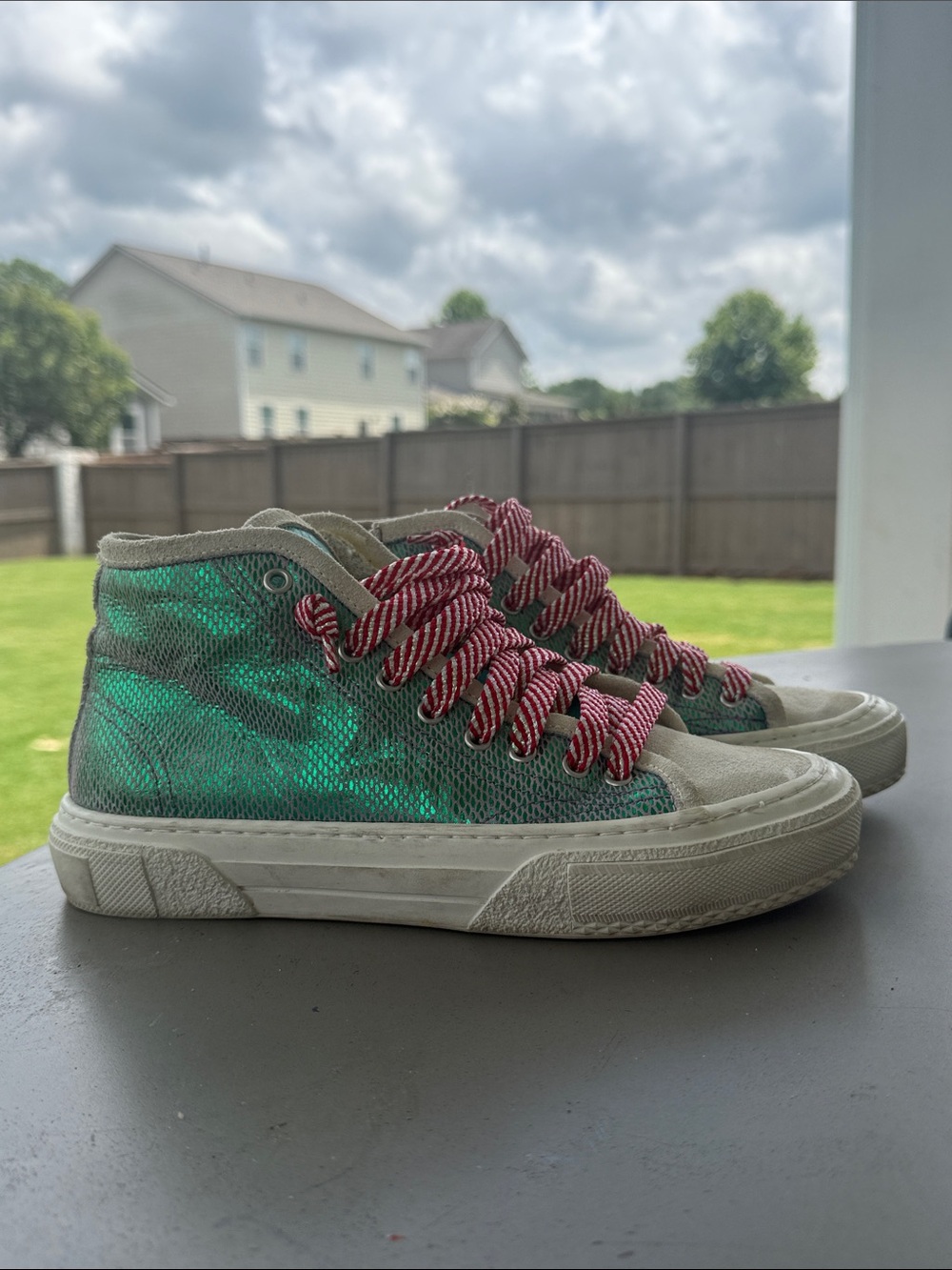 P448 womens Iridescent Green High-Top Sneakers with Red-White Laces